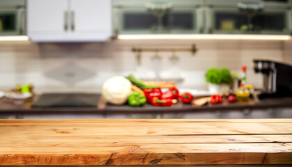 Empty wooden table with fresh vegetables and spices and cook on the background blurred kitchen, space for you to edit the product