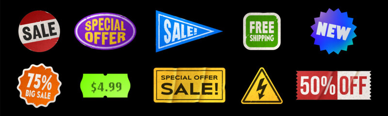 Grunge sticker old tape rectangle label vector. Adhesive vintage tag patch pack. 3d isolated crumpled hologram promotion glue sign in square and round shape. Trendy product discount stick icon set