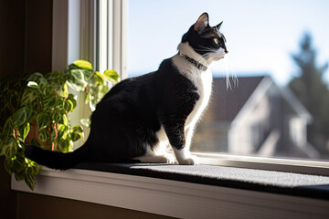 a black and white cat sitting on a window sie looking out at the view from it's side