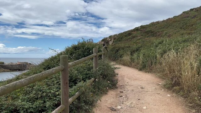 Walking footpath in mountain, walking, hiking, magpie is flying in the sky, sea view. Slow motion