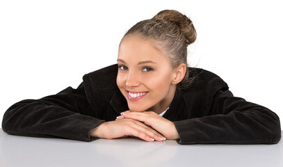 Portrait of young businesswoman in suit isolated on white