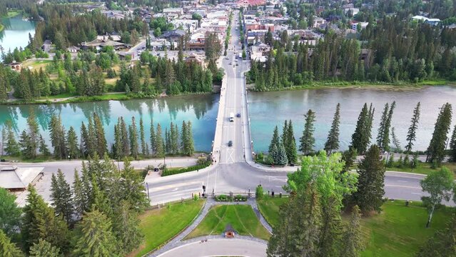 Town of Banff, Drone view,  Morning shot.  Banff National Park, Alberta, Canada. 4K
