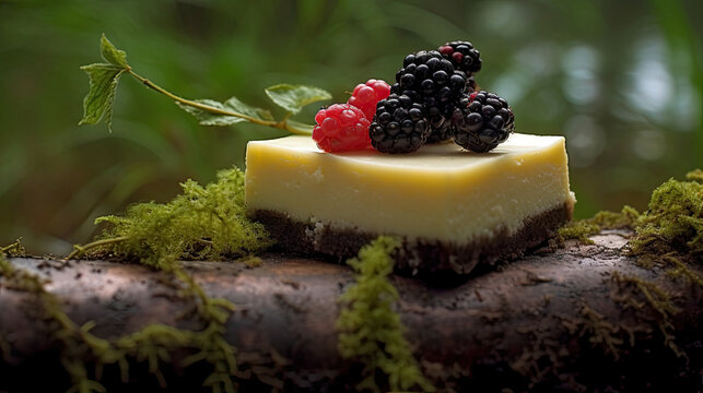 a piece of cheese with blackberries and ras on top, sitting on a tree stump in the background is green leaves