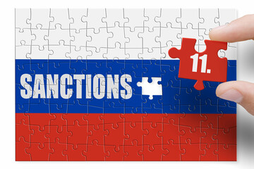 Puzzle made from flag of Russia. Sanctions and embargo for Russian war and aggression in Ukraine. The eleventh sanctions package