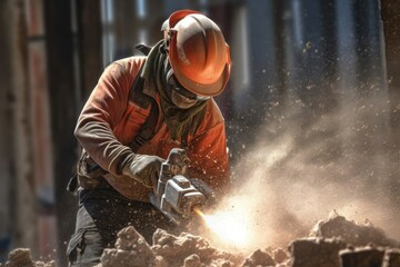 Fototapeta na wymiar A Laborer uses a jackhammer to break up a concrete at construction site. Generative Ai