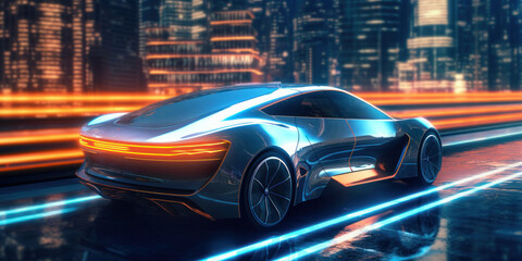 Future of Transportation: Electric Car System in Technological Artwork. EV electric car system. futuristic car in night with morden light smart city