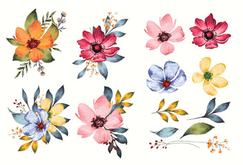 Set of watercolor flowers and leaves isolated clip-art