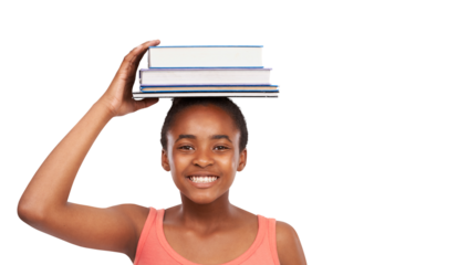 Student, balance and portrait of a African teenager with books on her head isolated against a transparent png background. Education or learning, happy teen and young girl smile with textbooks.