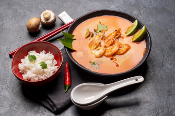 Thai Tom Yum Soup and bowl of rice