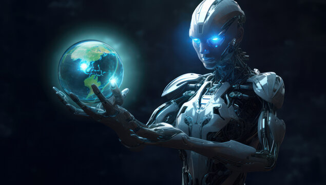 a robot holding the earth with a dark background, in the style of cyberneticpunk, light cyan and silver. world technology security system and business industry concepts. machine learning
