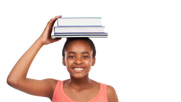 Student, balance and portrait of a African teenager with books on her head isolated against a transparent png background. Education or learning, happy teen and young girl smile with textbooks. - Powered by Adobe