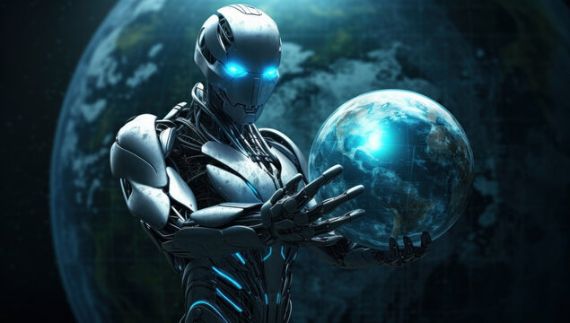 Cyberneticpunk Concept: Robot Grasping the Globe in Dark Ambiance. world technology security system and business industry concepts. machine learning