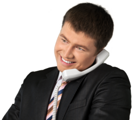 Portrait of young man in white shirt holding phone isolated on white background