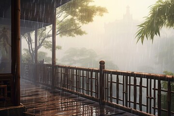 a small balcony full of mist surrounded by bamboo trees, in the style of animated gifs, emotional and dramatic scenes, , wet-on-wet blending, nature scenes --ar 3:2.  generative ai
