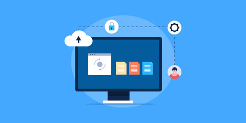 File sync on cloud database, cloud security protecting customer data and information on internet, cloud computing concept, vector illustration web banner.