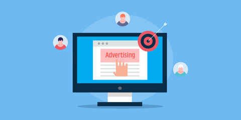 Display online advertising to a group of people, customer targeting with digital ads, segmentation and brand promotion, targeting right audience vector illustration.