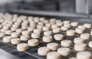 Chocolate production factory. Macro sweets candy move on industry conveyor