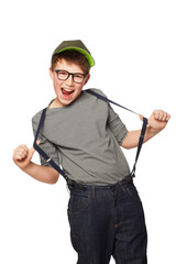 Portrait, nerd and teen with a smile, excited or cheerful kid isolated against a transparent background. Face, young male person, boy and geek with casual outfit, streetwear and happiness with png