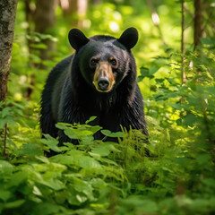 An American Black Bear (Ursus americanus) in a lush green forest