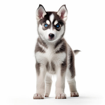 A full body shot of an energetic Siberian Husky puppy (Canis lupus familiaris)