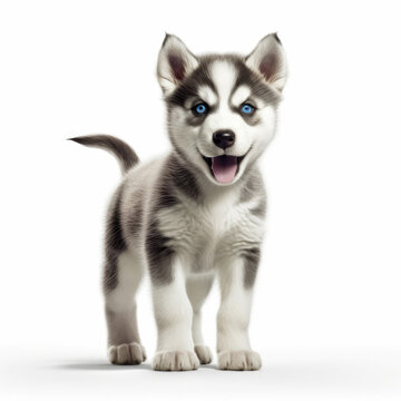 A full body shot of an energetic Siberian Husky puppy (Canis lupus familiaris)