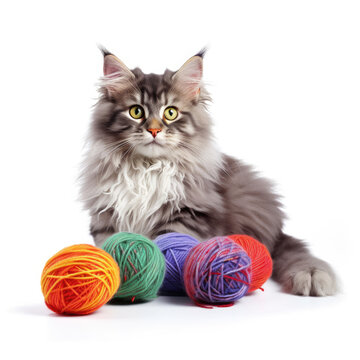 Maine Coon cat (Felis catus) playing with ball of yarn