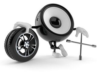 Speaker character with car wheel and spanner