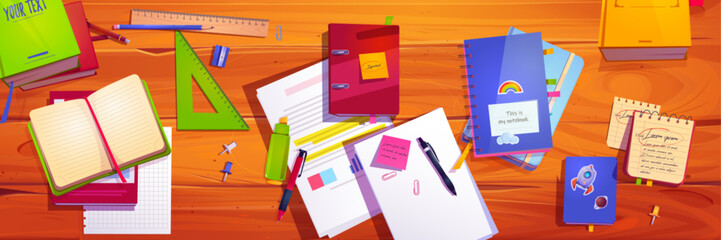 Top view of workplace for studying. Vector cartoon illustration of old wooden desk, papers, sticky notes, rulers, pencils, textbooks and notebooks with blank pages. Education workspace at home