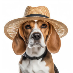 A Beagle (Canis lupus familiaris) with a beach hat and sunglasses