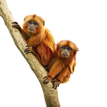 Two Uakaris (Cacajao calvus) hanging from a tree