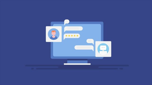 Customer having a conversation with chatbot on computer screen, ai providing customer support service, encrypted chat message, cyber security video animation concept.