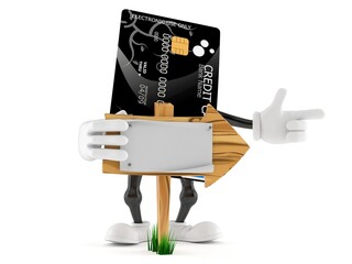 Credit card character with wooden arrow sign