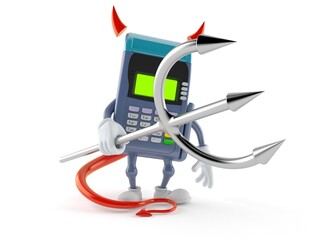Credit card reader character with devil horns and pitchfork