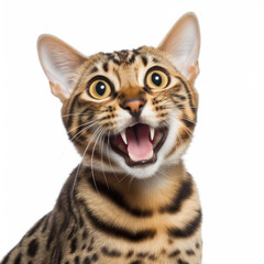Fototapeta na wymiar Bengal cat (Felis catus) sticking tongue out, looking playful and cheeky