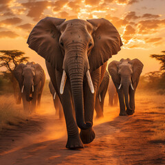 Fototapeta na wymiar A herd of African elephants (Loxodonta africana) walking at sunset