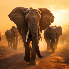 A herd of African elephants (Loxodonta africana) walking at sunset