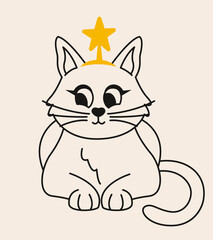 Cat with Christmas star headband. Cute animal in doodle style.