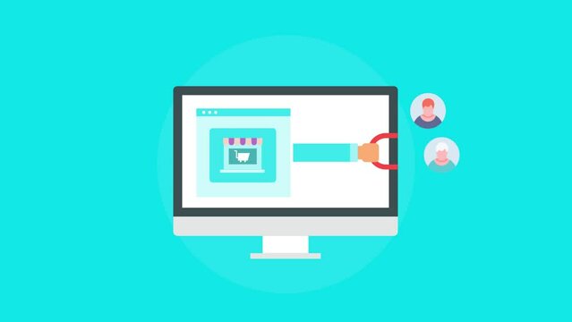 Ecommerce business attracting new clients and using loyalty program strategy for customer retention, hand with magnet attracts more people, online shopping store on pc screen, video animation.