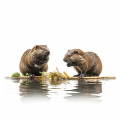 Two Beavers (Castor fiber) building a dam