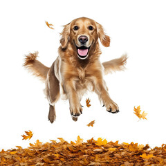 A Golden Retriever (Canis lupus familiaris) diving into a pile of leaves