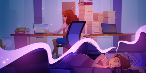 Woman sleep in bed and dream about work. Asleep girl in bedroom and female character at table with laptop and paperwork in office, vector cartoon illustration