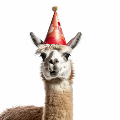 A Llama (Lama glama) with a birthday hat