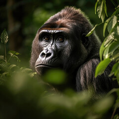 A Gorilla (Gorilla gorilla) in the dense jungle