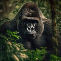 A Gorilla (Gorilla gorilla) in the dense jungle