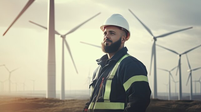 An Engineer working at alternative renewable wind energy farm. Generative Ai