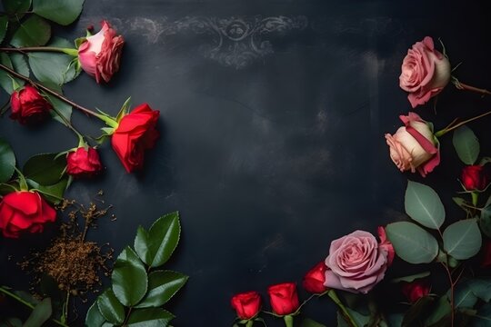 Few leafs and red roses on blackboard background. Created with Generative AI Technology
