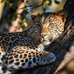 A Leopard (Panthera pardus) lounging in a tree