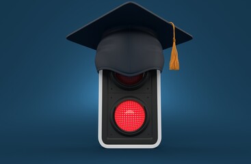 Red traffic light with mortarboard