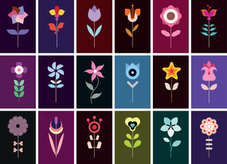 Set of flower vector icons. Collection of vector images, decorative seamless background. Each one of the design element created on a separate layer and can be used as a standalone image.
