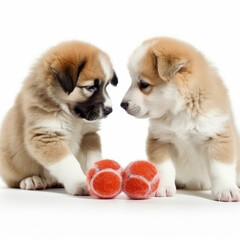 Two Puppies (Canis lupus familiaris) playing with a toy